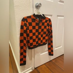 Long Sleeve Checkered Zip Up Top
